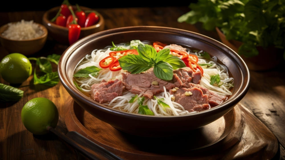 Pho is a traditional Vietnamese noodle soup with beef or chicken and flat rice noodles